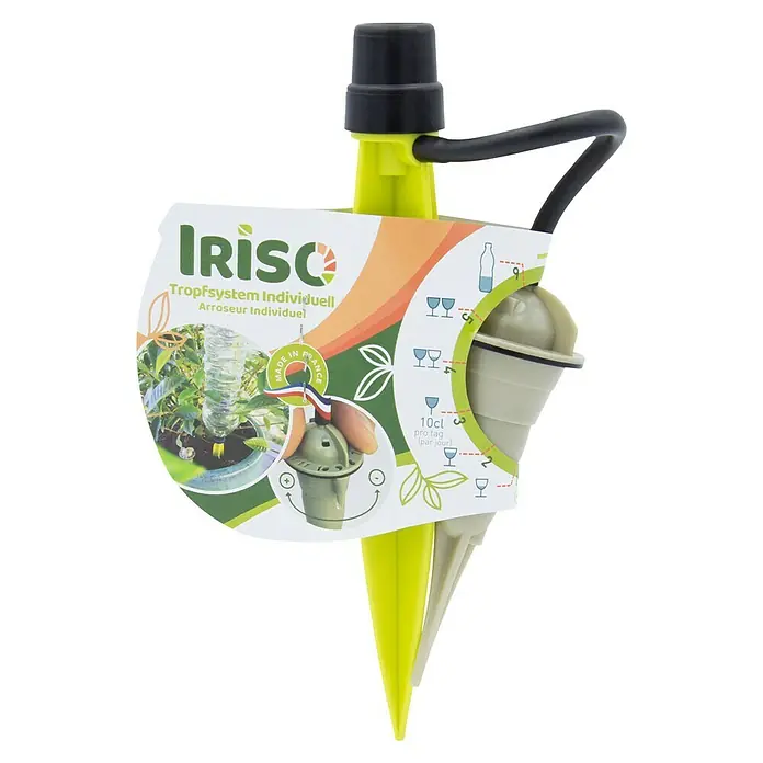 Iriso Bewässerungssystem - B x H: 15 x 20 cm, 5 Stk., Kunststoff - Nahaufnahme eines Irisc Tropfsystems Individuell, ein Bewässerungssystem für Pflanzen, mit Etikett und Zubehör.
