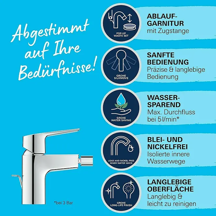 Grohe Start Bidetarmatur S-Size - Chrom, Glänzend - Produktbild einer Armatur mit Hinweisen zu Eigenschaften wie Wassersparen, bleifrei, langlebige Oberfläche und sanfte Bedienung.