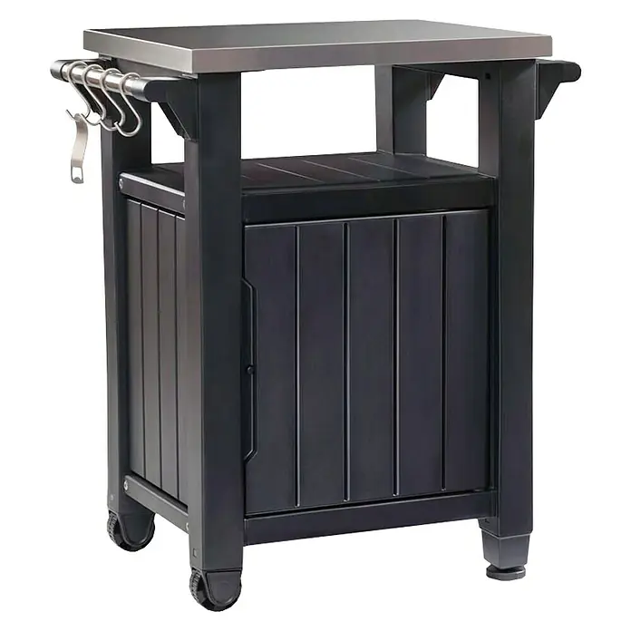 Keter Mesa auxiliar de jardín Unity - L x An: 82 x 52 cm, Marrón - Imagen de un carro de cocina exterior negro con una tapa de acero inoxidable y una barra de ganchos, ideal para jardines y patios.
