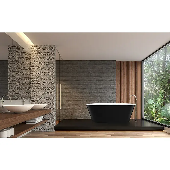 Camargue Bañera independiente Malmo - L x An: 70 x 150 cm, Negro/Blanco - Elegante baño con bañera exenta negra, moderno mueble de lavabo con lavabos sobre encimera y gran ventana con vistas al verde.