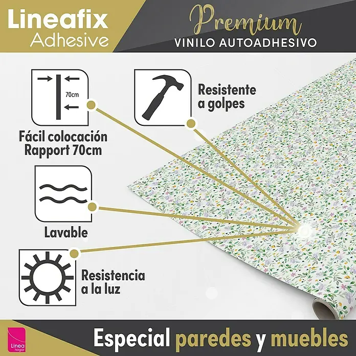 Lámina decorativa autoadhesiva vinílico Premium - 90 x 280 cm, Lulu, Verde - Imagen de papel pintado vinílico autoadhesivo Lineafix con estampado floral, caracterizado por su fácil colocación, lavabilidad y resistencia a la luz.