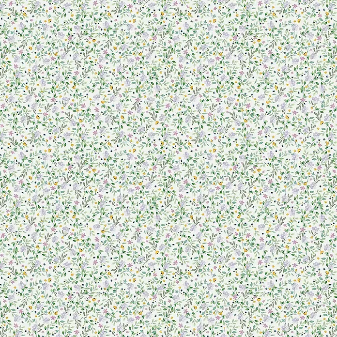 Lámina decorativa autoadhesiva vinílico Premium - 90 x 280 cm, Lulu, Verde - Delicada tela floral con hojas y flores en lila, amarillo y verde, ideal para proyectos de costura primaverales.