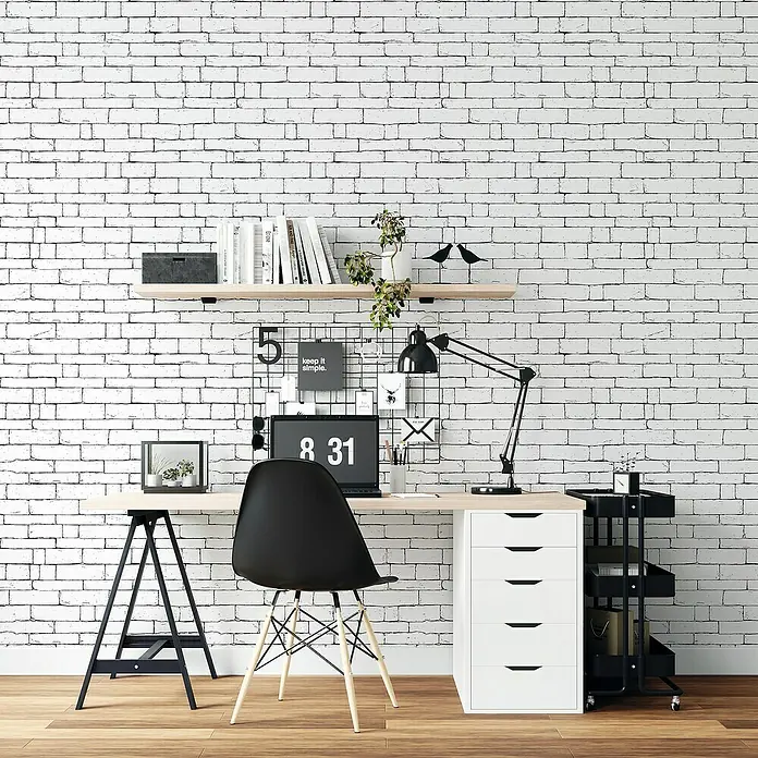 Lámina decorativa autoadhesiva vinílico Premium - 90 x 280 cm, Outline, Blanco - Escritorio con cajones y decoración. El espacio de trabajo se ve moderno y acogedor, ideal para un trabajo concentrado.