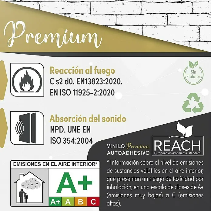 Lámina decorativa autoadhesiva vinílico Premium - 90 x 280 cm, Outline, Blanco - Información sobre suelos de vinilo Premium: reacción al fuego, absorción acústica, emisiones interiores y cumplimiento de la normativa ambiental.