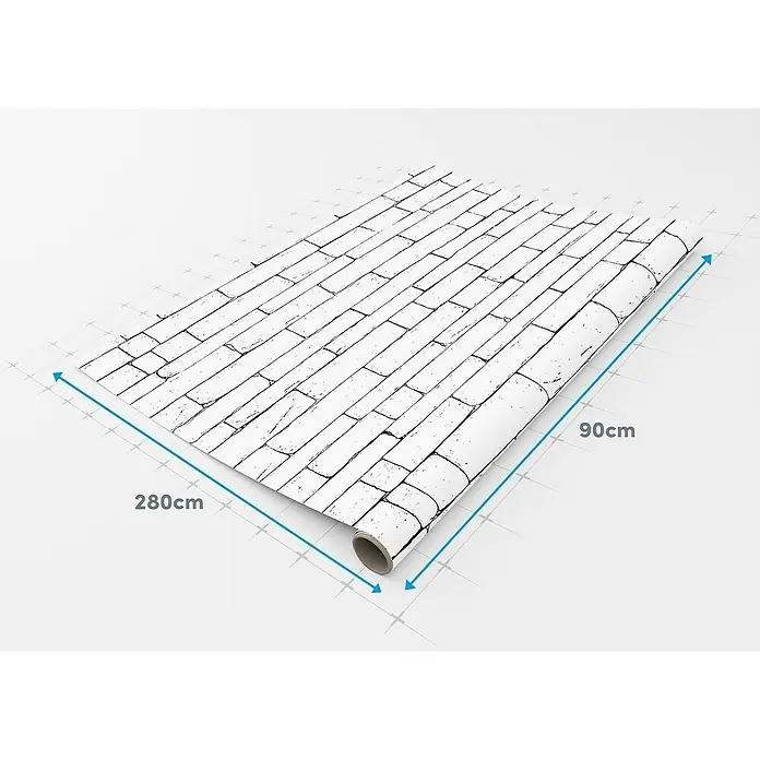 Lámina decorativa autoadhesiva vinílico Premium - 90 x 280 cm, Outline, Blanco - Primer plano de un rollo de papel pintado blanco con patrón de ladrillos con dimensiones (280cm x 90cm) sobre un fondo de cuadrícula claro.