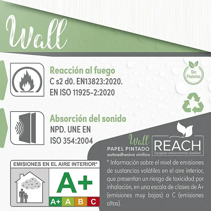 Papel pintado de vinilo autoadhesivo Sequoya - Blanco, L x An: 280 x 65 cm - Información sobre el etiquetado del producto Wall Papier, que muestra la reacción al fuego, la absorción del sonido, la clase de emisión A+ y el cumplimiento de REACH.