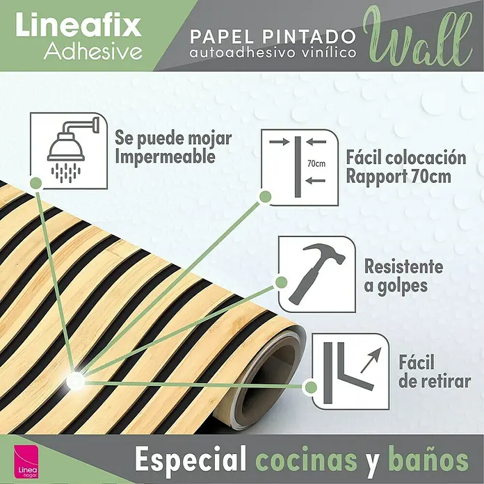 Papel pintado de vinilo autoadhesivo Listones - Marrón, L x An: 280 x 65 cm - Imagen de un rollo de papel pintado vinílico autoadhesivo Lineafix con un patrón de rayas de madera, perfecto para cocinas y baños, resistente al agua y fácil de aplicar.