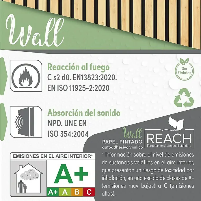 Papel pintado de vinilo autoadhesivo Listones - Marrón, L x An: 280 x 65 cm - Imagen de un panel de pared con información sobre resistencia al fuego, absorción acústica y emisiones.