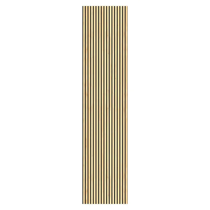 Papel pintado de vinilo autoadhesivo Listones - Marrón, L x An: 280 x 65 cm - Esta imagen muestra una pared de paneles acústicos con listones de madera clara y espacios negros, ideal para el diseño de interiores moderno.