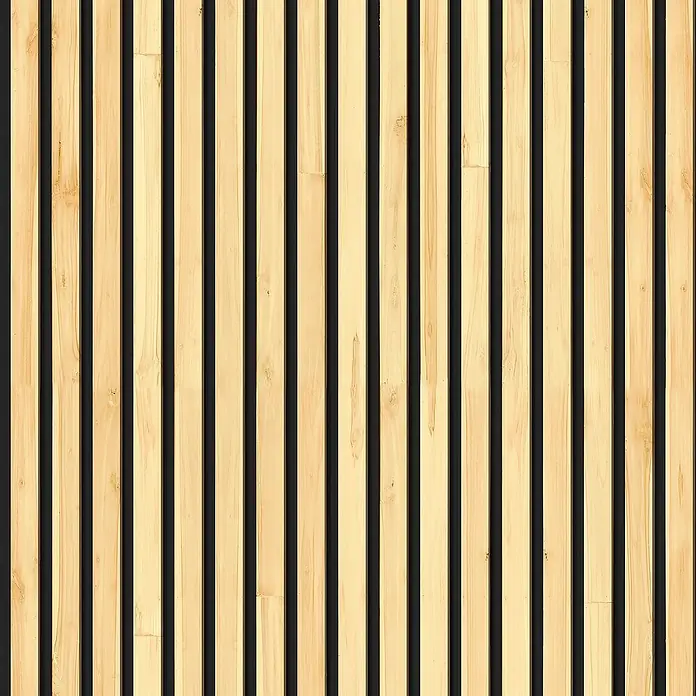 Papel pintado de vinilo autoadhesivo Listones - Marrón, L x An: 280 x 65 cm - Imagen de un panel de pared de madera con listones verticales y espacios oscuros, ideal para interiores modernos.