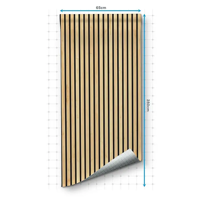 Papel pintado de vinilo autoadhesivo Listones - Marrón, L x An: 280 x 65 cm - Imagen de un papel pintado de paneles de madera, dimensionado a 65 cm de ancho y 280 cm de alto.