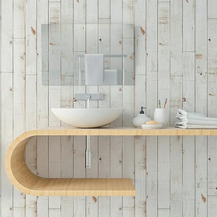 Papel pintado de vinilo autoadhesivo Madera - Blanco, L x An: 280 x 65 cm - Elegante lavabo de baño con diseño moderno y estante a juego frente a una pared de madera rústica para un ambiente elegante.
