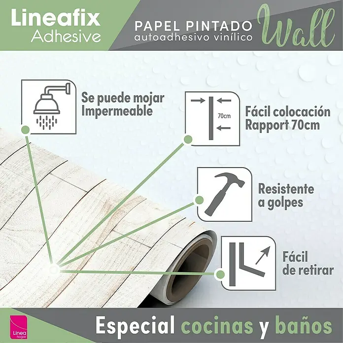 Papel pintado de vinilo autoadhesivo Madera - Blanco, L x An: 280 x 65 cm - Papel pintado vinílico autoadhesivo Lineafix Wall con aspecto de madera. Impermeable, fácil de instalar, resistente a los golpes y fácil de quitar. Ideal para cocinas y baños.