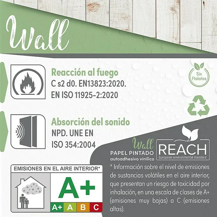 Papel pintado de vinilo autoadhesivo Madera - Blanco, L x An: 280 x 65 cm - Información sobre el papel pintado Wall: reacción al fuego, absorción del sonido, emisiones al aire interior y certificación REACH.
