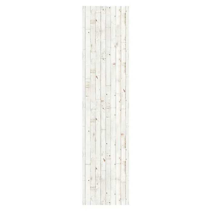 Papel pintado de vinilo autoadhesivo Madera - Blanco, L x An: 280 x 65 cm - Imagen de una pared de paneles de madera blanca con tablas verticales, que proporciona una textura rústica y un aspecto natural.