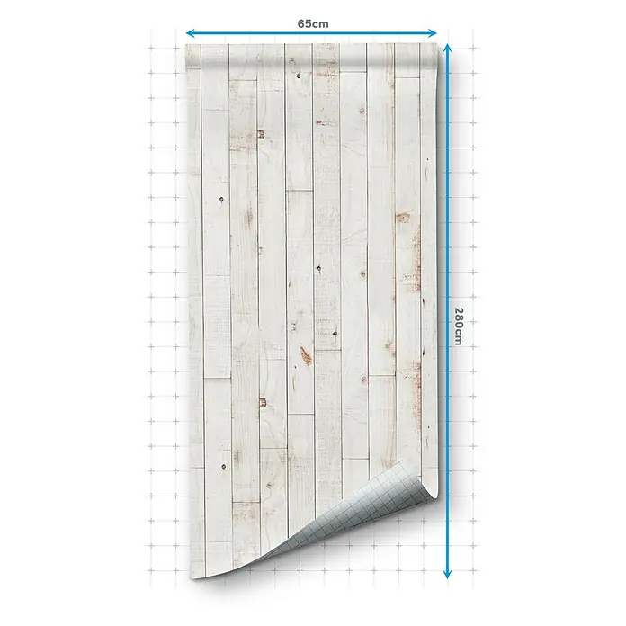 Papel pintado de vinilo autoadhesivo Madera - Blanco, L x An: 280 x 65 cm - La imagen muestra un rollo de papel pintado de paneles de madera blanca. El papel pintado mide 65 cm de ancho y 280 cm de largo, en rollo.