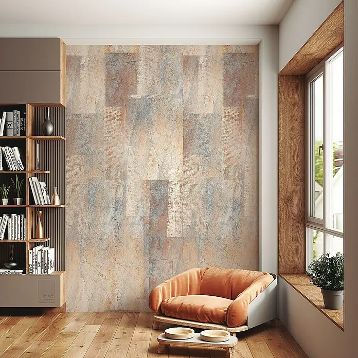 Papel pintado de vinilo autoadhesivo Atacama - Beige, L x An: 280 x 65 cm - Sillón cómodo con diseño moderno y mesa auxiliar a juego, perfecto para momentos de relax en el salón.