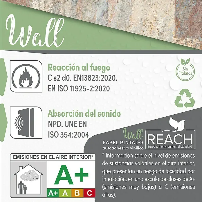 Papel pintado de vinilo autoadhesivo Atacama - Beige, L x An: 280 x 65 cm - Información del producto "Wall" incluyendo clasificación al fuego, absorción de sonido, clase de emisión A+ y estándar ambiental REACH.