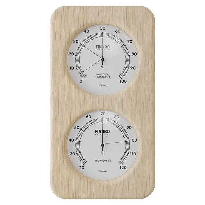 Eilo Hygro- & Thermometer-Set - Natur - Heller Holz-Saunahygrometer und -Thermometer mit zwei runden Anzeigen.