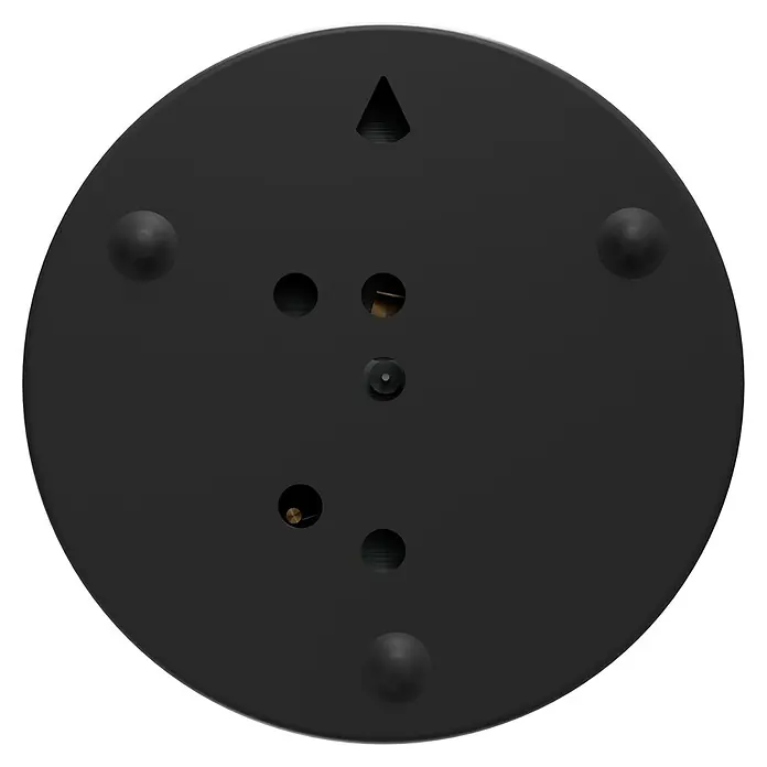 Eilo Klimamesser - Weiß - Schwarze runde Rückwand mit Aufhänger, vier Füßen und Öffnungen, die interne Messingmechanismen zeigen.