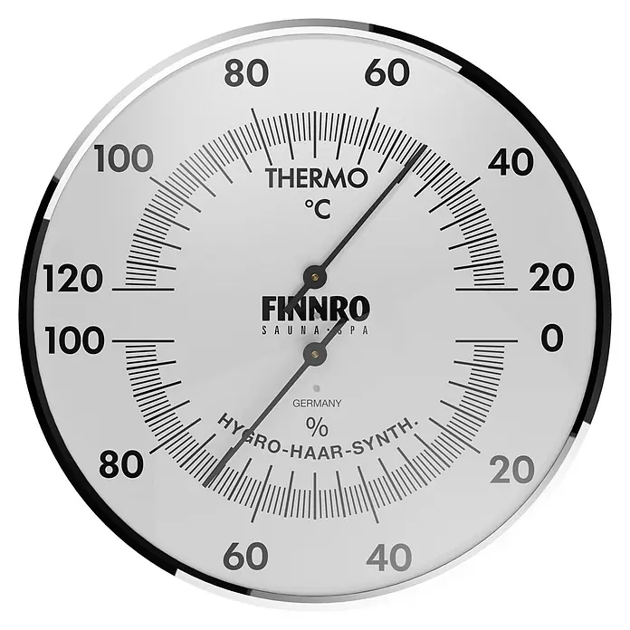 Eilo Klimamesser - Weiß - Rundes weißes Sauna-Thermo-Hygrometer mit schwarzen Zeigern, zeigt Temperatur in Celsius und Luftfeuchtigkeit in Prozent an.