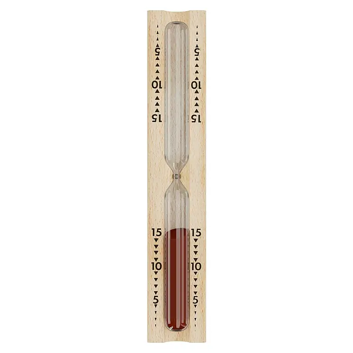 Eilo Sanduhr - Laufzeit Sanduhr: 15 min, Natur/Rot - Sanduhr aus Holz mit rotem Sand, markiert für 5, 10 und 15 Minuten. Der Sand ist teilweise im unteren Gefäß.