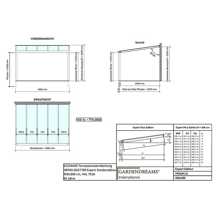 Gardendreams Terrassenüberdachung Expert Sonderedition - B x T: 400 x 300 cm, Anthrazitgrau Struktur, Verbundsicherheitsglas (VSG), Klar - Technische Zeichnung einer 400x300 cm Terrassenüberdachung in RAL 7016 mit Maßen und Ansichten.