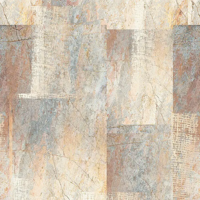 Papel pintado de vinilo autoadhesivo Atacama - Beige, L x An: 280 x 65 cm - Obra de arte abstracta con texturas de piedra y lienzo en tonos beige, marrón y azul, ideal para una elegante decoración mural.