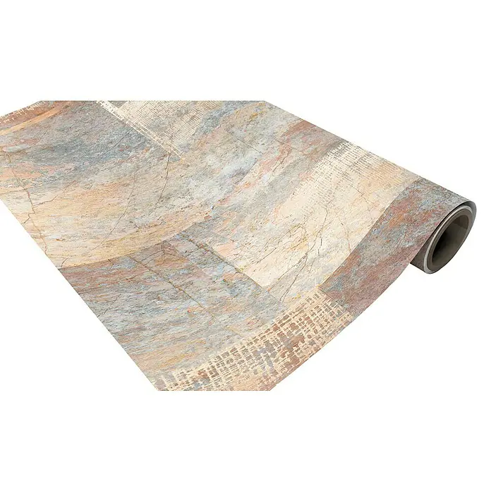 Papel pintado de vinilo autoadhesivo Atacama - Beige, L x An: 280 x 65 cm - Primer plano de una esterilla de vinilo enrollada con un patrón abstracto. Ideal para un diseño interior moderno con superficie texturizada.