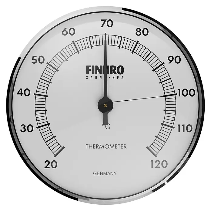 Eilo Thermometer - L x B x H: 200 x 175 x 40 mm, Weiß - Rundes weißes Thermometer mit schwarzer Skala, Nadel bei 70°C. Beschriftung: 'FINNRO SAUN • SPA', 'THERMOMETER', 'GERMANY'.