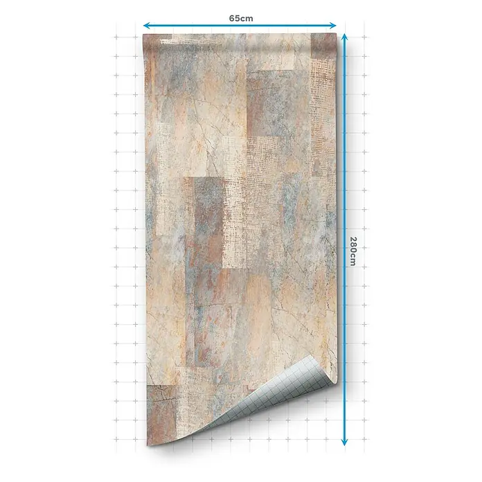 Papel pintado de vinilo autoadhesivo Atacama - Beige, L x An: 280 x 65 cm - Vista del producto de un rollo de papel pintado autoadhesivo con aspecto de piedra. El papel pintado mide 65 cm de ancho y 280 cm de alto.