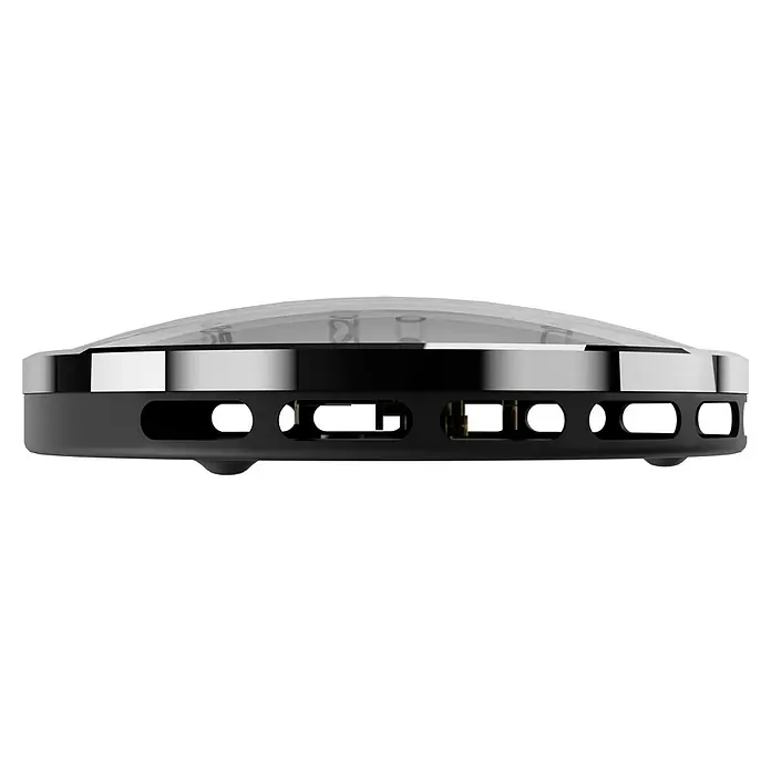 Eilo Klimamesser - Weiß - Rundes Smart-Gerät mit transparenter Kuppel, silbernem Metallband und dunkelgrauem Sockel mit Lüftungsschlitzen.