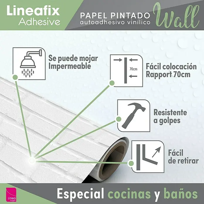 Papel pintado de vinilo autoadhesivo Ladrillo - Blanco, L x An: 280 x 65 cm - Primer plano del papel pintado adhesivo Lineafix Wall, ideal para cocinas y baños, con propiedades impermeables y fáciles de aplicar.