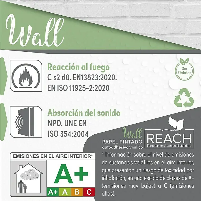 Papel pintado de vinilo autoadhesivo Ladrillo - Blanco, L x An: 280 x 65 cm - Información sobre el producto de papel pintado autoadhesivo "Wall", incluyendo seguridad contra incendios, absorción acústica y clase de emisión A+.