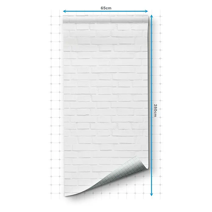 Papel pintado de vinilo autoadhesivo Ladrillo - Blanco, L x An: 280 x 65 cm - Primer plano de un rollo de papel pintado de ladrillo blanco con dimensiones, mostrando una opción de decoración de pared elegante y moderna.