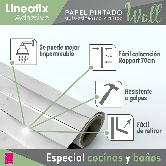 Papel pintado de vinilo autoadhesivo Carrara - Blanco, L x An: 280 x 65 cm - Papel pintado autoadhesivo Lineafix Wall para cocina y baño. Impermeable, fácil de aplicar, resistente y fácil de quitar.