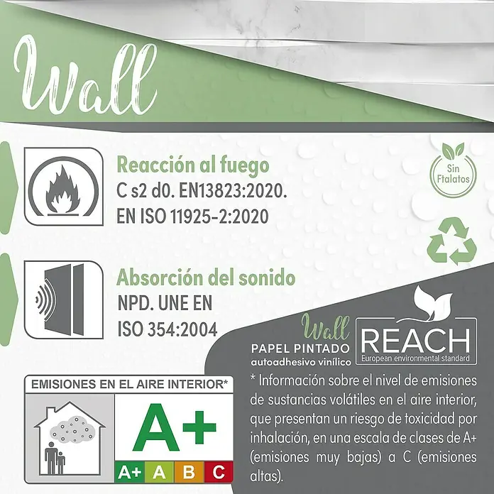 Papel pintado de vinilo autoadhesivo Carrara - Blanco, L x An: 280 x 65 cm - La imagen muestra un primer plano de un adhesivo de pared, que muestra certificaciones de seguridad y ambientales.