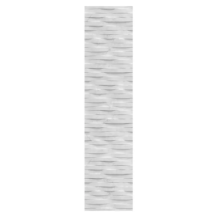 Papel pintado de vinilo autoadhesivo Carrara - Blanco, L x An: 280 x 65 cm - Primer plano de una baldosa de pared blanca con un patrón 3D horizontal ondulado que crea una superficie texturizada elegante y moderna.