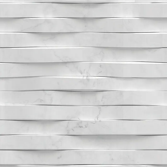 Papel pintado de vinilo autoadhesivo Carrara - Blanco, L x An: 280 x 65 cm - Esta imagen muestra un primer plano de paneles decorativos de pared de mármol blanco con un diseño horizontal ondulado. Los paneles crean un aspecto elegante.