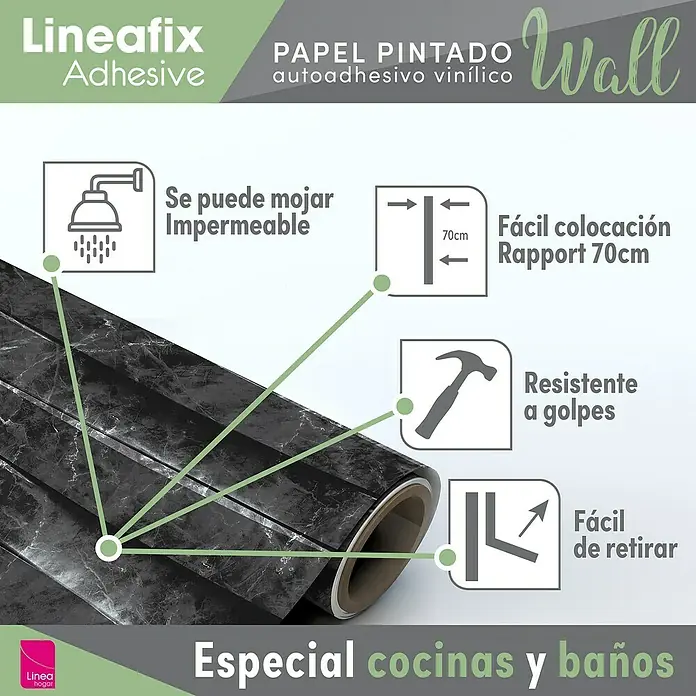Papel pintado de vinilo autoadhesivo Carrara - Negro, L x An: 280 x 65 cm - Imagen de un papel pintado autoadhesivo Lineafix con aspecto de mármol con características del producto destacadas.