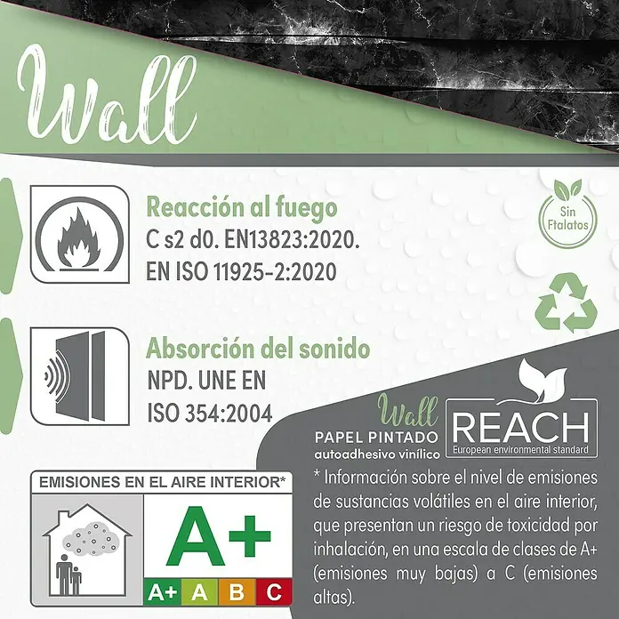 Papel pintado de vinilo autoadhesivo Carrara - Negro, L x An: 280 x 65 cm - Información sobre el producto Wall: resistencia al fuego, absorción acústica, calidad del aire interior A+ y certificación REACH.