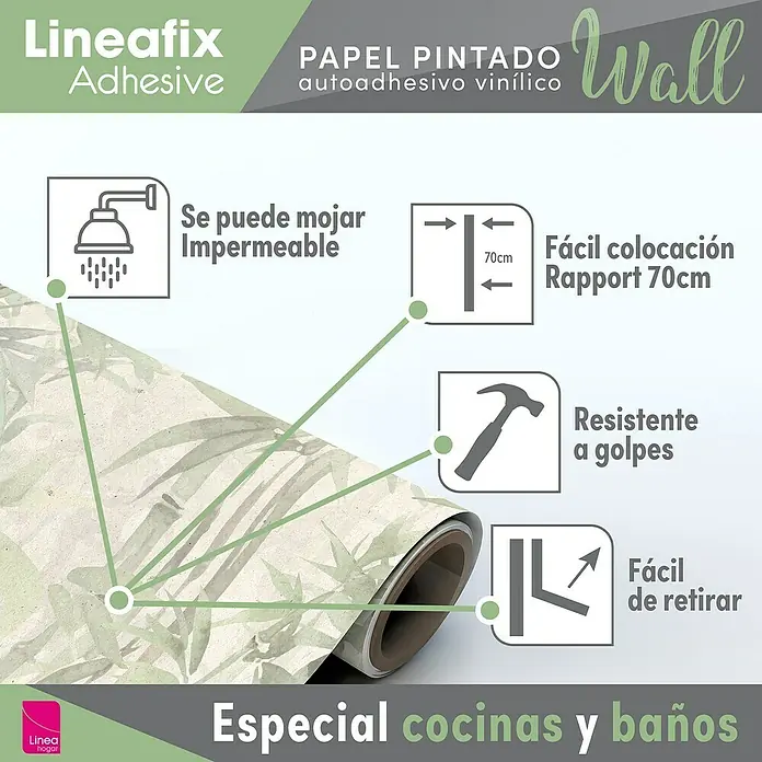 Papel pintado de vinilo autoadhesivo Bamboo - Beige/Verde, L x An: 280 x 65 cm - Imagen del producto de papel pintado adhesivo Lineafix con estampado de bambú, ideal para cocinas y baños. Es impermeable, fácil de instalar, resistente a los golpes y fácil de quitar.