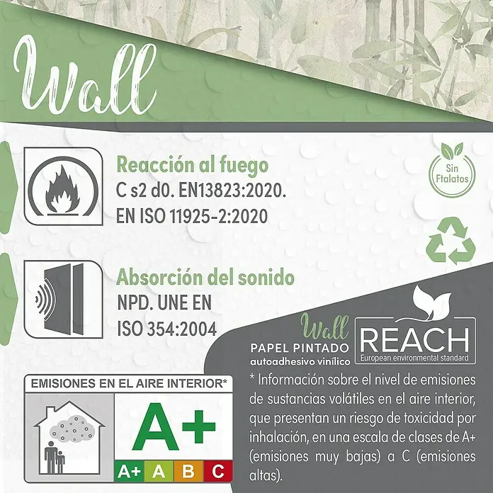 Papel pintado de vinilo autoadhesivo Bamboo - Beige/Verde, L x An: 280 x 65 cm - Tablero informativo para el papel pintado Wall con detalles sobre resistencia al fuego, absorción acústica y emisiones contaminantes.