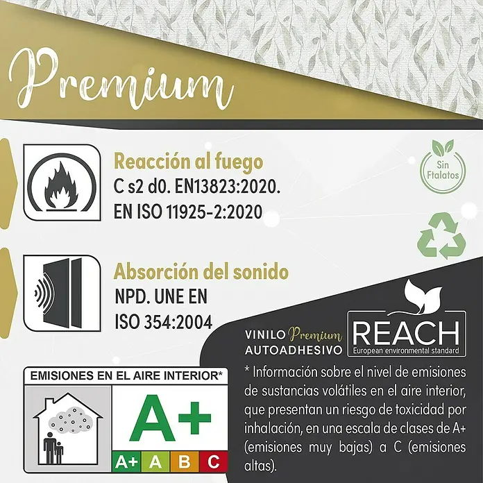 Lámina decorativa autoadhesiva vinílico Premium - 90 x 280 cm, Sauce, Gris - Información del producto: Suelo vinílico Premium con clasificación al fuego C s2 d0, absorción acústica y emisión A+.