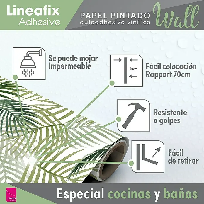 Papel pintado de vinilo autoadhesivo Tropical - Verde, L x An: 280 x 65 cm - Film adhesivo Lineafix con estampado de hojas tropicales, ideal para cocinas y baños. Impermeable, resistente y fácil de aplicar/retirar.