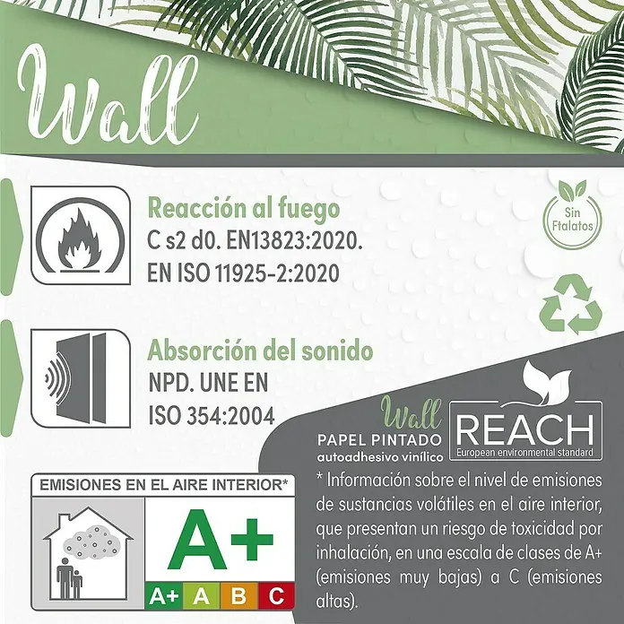 Papel pintado de vinilo autoadhesivo Tropical - Verde, L x An: 280 x 65 cm - Papel pintado vinílico autoadhesivo "Wall" respetuoso con el medio ambiente, probado para reacción al fuego, absorción acústica y emisiones.