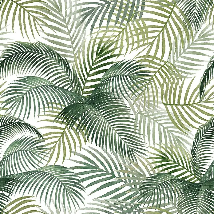 Papel pintado de vinilo autoadhesivo Tropical - Verde, L x An: 280 x 65 cm - Patrón de hojas verdes sobre fondo blanco. Un diseño de acuarela con diferentes tonos de verde para un ambiente tropical relajante.