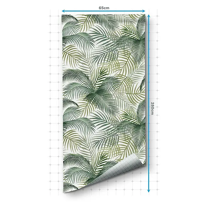 Papel pintado de vinilo autoadhesivo Tropical - Verde, L x An: 280 x 65 cm - Primer plano de un fotomural autoadhesivo con un exuberante patrón de hojas de palma. El papel pintado mide 65 cm de ancho y 280 cm de alto.