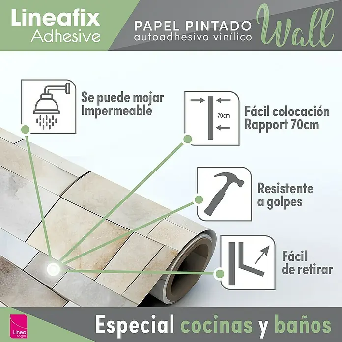 Papel pintado de vinilo autoadhesivo Paros - Beige, L x An: 280 x 65 cm - Papel pintado vinílico autoadhesivo Lineafix para decoración de paredes, resistente a la humedad y fácil de quitar, ideal para cocinas y baños.
