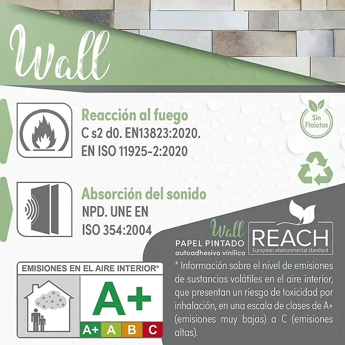 Papel pintado de vinilo autoadhesivo Paros - Beige, L x An: 280 x 65 cm - Primer plano de un revestimiento de pared que muestra la reacción al fuego, la absorción acústica y las emisiones, incluida la calificación A+.